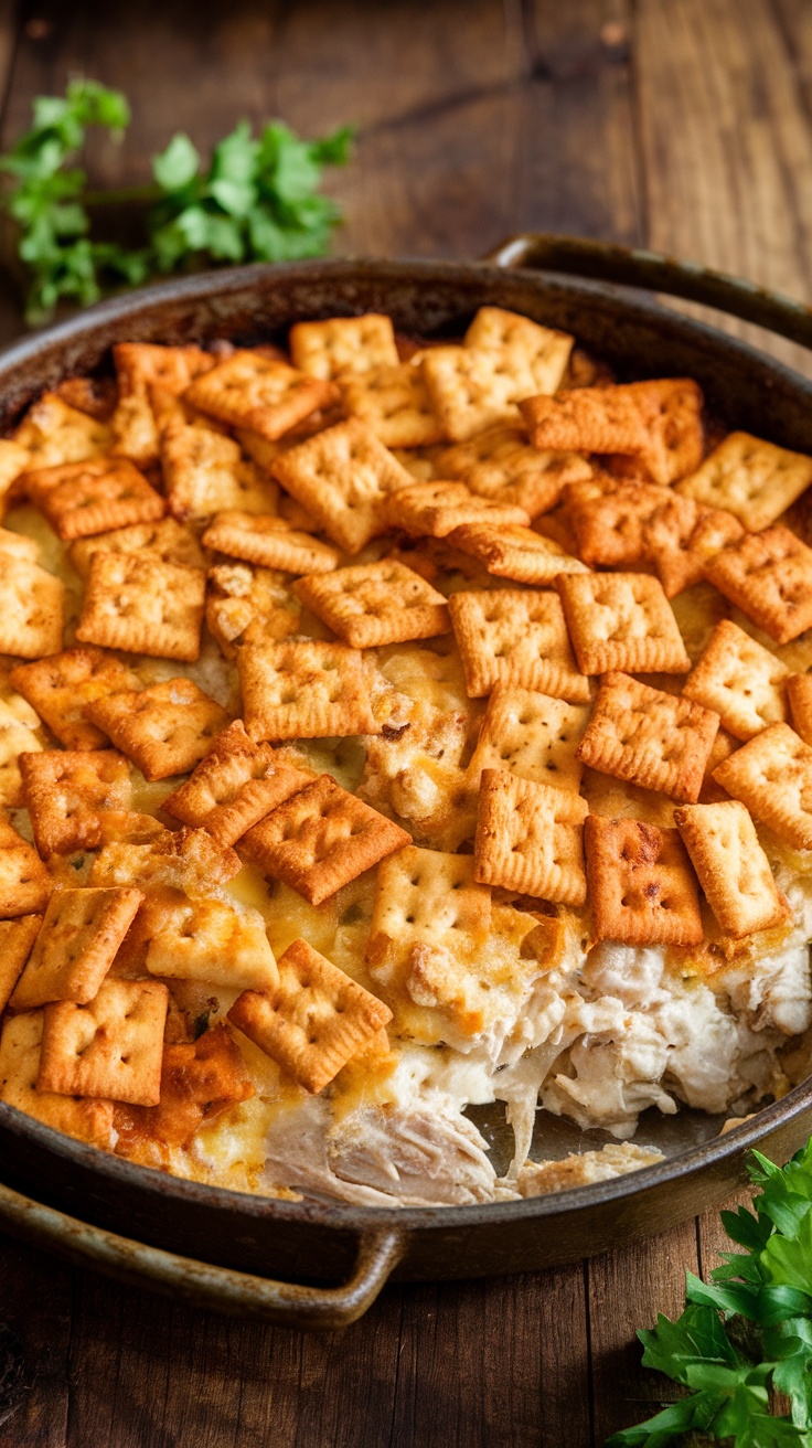 Baked Million Dollar Chicken Casserole with Ritz cracker topping on a wooden table.